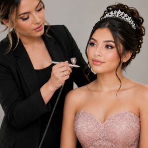 Prueba de maquillaje y peinado quinceañera con aerógrafo